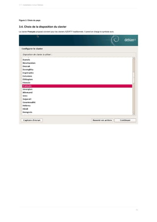 Figure	3.	Choix	du	pays
3.4.	Choix	de	la	disposition	du	clavier
Le	clavier	Français	proposé	convient	pour	les	claviers	AZERTY	traditionnels.	Il	prend	en	charge	le	symbole	euro.
1.7.	Installation	Linux	Debian
71
 