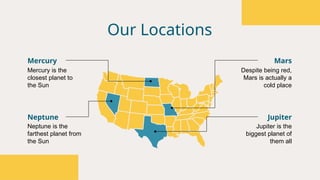 Our Locations
Mercury is the
closest planet to
the Sun
Despite being red,
Mars is actually a
cold place
Neptune is the
farthest planet from
the Sun
Jupiter is the
biggest planet of
them all
Mercury
Neptune
Mars
Jupiter
 