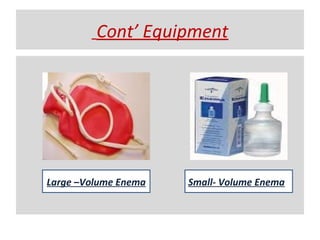 Cont’ Equipment

Large –Volume Enema

Small- Volume Enema

 