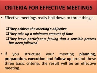 CRITERIA FOR EFFECTIVE MEETINGS
• Effective meetings really boil down to three things:
❑They achieve the meeting's objective
❑They take up a minimum amount of time
❑They leave participants feeling that a sensible process
has been followed
• If you structure your meeting planning,
preparation, execution and follow up around these
three basic criteria, the result will be an effective
meeting.
 