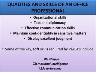 QUALITIES AND SKILLS OF AN OFFICE
PROFESSIONAL
• Organizational skills
• Tact and diplomacy
• Effective communication skills
• Maintain confidentiality in sensitive matters
• Display excellent judgment
• Some of the key, soft skills required by PA/EA’s include:
❑Resilience
❑Emotional Intelligence
❑Assertiveness
 