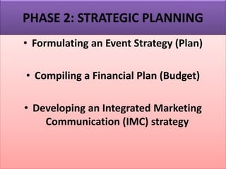 PHASE 2: STRATEGIC PLANNING
• Formulating an Event Strategy (Plan)
• Compiling a Financial Plan (Budget)
• Developing an Integrated Marketing
Communication (IMC) strategy
 