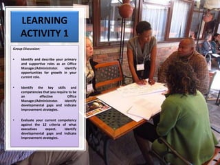 LEARNING
ACTIVITY 1
Group Discussion:
• Identify and describe your primary
and supportive roles as an Office
Manager/Administrator. Identify
opportunities for growth in your
current role.
• Identify the key skills and
competencies that you require to be
an effective Office
Manager/Administrator. Identify
developmental gaps and indicate
improvement strategies.
• Evaluate your current competency
against the 12 criteria of what
executives expect. Identify
developmental gaps and indicate
improvement strategies.
 