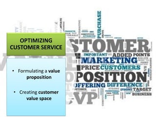 OPTIMIZING
CUSTOMER SERVICE
• Formulating a value
proposition
• Creating customer
value space
 