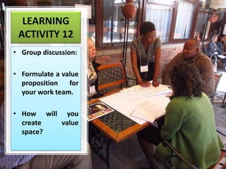 LEARNING
ACTIVITY 12
• Group discussion:
• Formulate a value
proposition for
your work team.
• How will you
create value
space?
 