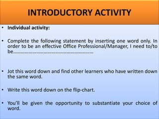 INTRODUCTORY ACTIVITY
• Individual activity:
• Complete the following statement by inserting one word only. In
order to be an effective Office Professional/Manager, I need to/to
be………………………………………………………
• Jot this word down and find other learners who have written down
the same word.
• Write this word down on the flip-chart.
• You’ll be given the opportunity to substantiate your choice of
word.
 