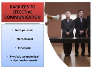 BARRIERS TO
EFFECTIVE
COMMUNICATION
• Intra-personal
• Interpersonal
• Structural
• Physical, technological
and/or environmental
 