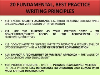 20 FUNDAMENTAL, BEST PRACTICE
WRITING PRINCIPLES
• #11: ENSURE QUALITY ASSURANCE E.G. PROOF-READING; EDITING; SPELL
CHECKING AND VERIFICATION OF INFORMATION
• #12: USE THE PURPOSE AS YOUR WRITING “GPS” – TO
CONCENTRATE/DIRECT FOCUS TO THE ACHIEVEMENT OF
OUTCOMES/OBJECTIVES
• #13: “DON’T WRITE TO IMPRESS, WRITE TO PROMOTE A HIGHER LEVEL OF
UNDERSTANDING.” – BE A AGENT OF EFFECTIVE COMMUNICATION
• #14: EMPLOY A “COMMUNITY OF WRITERS” APPROACH – THE VALUE OF
CONSULTATION AND ENGAGEMENT
• #15: PROPER STRUCTURE - USE THE PYRAMID (CASCADING) METHOD –
INITIALLY PRESENT LESS IMPORTANCE INFORMATION AND CLIMAX WITH
MOST CRITICAL INFORMATION
 
