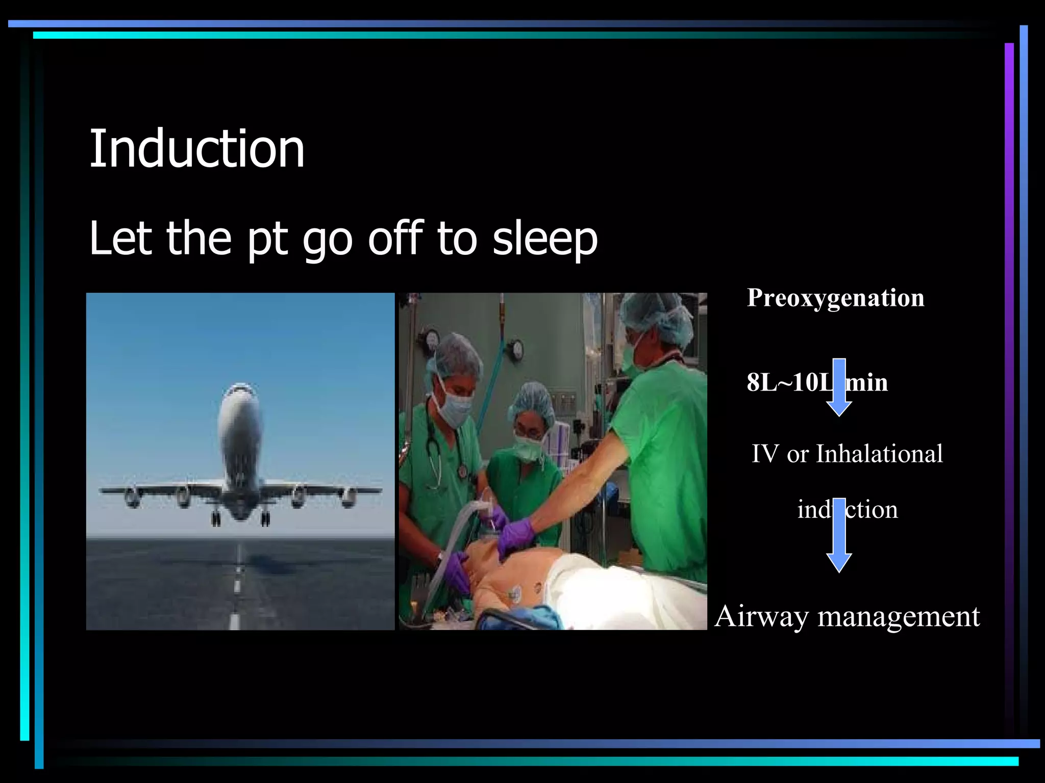 Induction Let the pt go off to sleep Preoxygenation 8L~10L/min IV or Inhalational induction Airway management 