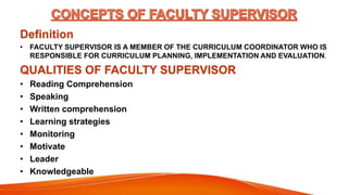 Definition
• FACULTY SUPERVISOR IS A MEMBER OF THE CURRICULUM COORDINATOR WHO IS
RESPONSIBLE FOR CURRICULUM PLANNING, IMPLEMENTATION AND EVALUATION.
QUALITIES OF FACULTY SUPERVISOR
• Reading Comprehension
• Speaking
• Written comprehension
• Learning strategies
• Monitoring
• Motivate
• Leader
• Knowledgeable
 
