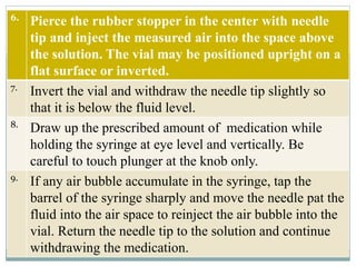 6.
Pierce the rubber stopper in the center with needle
tip and inject the measured air into the space above
the solution. The vial may be positioned upright on a
flat surface or inverted.
7.
Invert the vial and withdraw the needle tip slightly so
that it is below the fluid level.
8.
Draw up the prescribed amount of medication while
holding the syringe at eye level and vertically. Be
careful to touch plunger at the knob only.
9.
If any air bubble accumulate in the syringe, tap the
barrel of the syringe sharply and move the needle pat the
fluid into the air space to reinject the air bubble into the
vial. Return the needle tip to the solution and continue
withdrawing the medication.
 