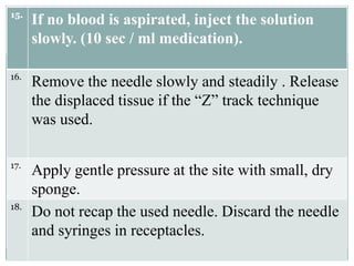 15.
If no blood is aspirated, inject the solution
slowly. (10 sec / ml medication).
16.
Remove the needle slowly and steadily . Release
the displaced tissue if the “Z” track technique
was used.
17.
Apply gentle pressure at the site with small, dry
sponge.
18.
Do not recap the used needle. Discard the needle
and syringes in receptacles.
 