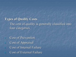 Types of Quality Costs
The cost of quality is generally classified into
four categories
1. Cost of Prevention
2. Cost of Appraisal
3. Cost of Internal Failure
4. Cost of External Failure
 