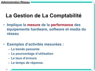 Administration Réseau




   La Gestion de La Comptabilité
 • Implique la mesure de la performance des
   équipements hardware, software et media du
   réseau

 • Exemples d‟activités mesurées :
        –   La bande passante
        –   Le pourcentage d‟utilisation
        –   Le taux d‟erreurs
        –   Le temps de réponse.

   11
 