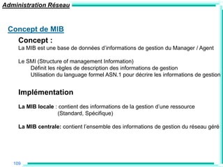 Administration Réseau


 Concept de MIB
   Concept :
     La MIB est une base de données d‟informations de gestion du Manager / Agent

     Le SMI (Structure of management Information)
         Définit les règles de description des informations de gestion
         Utilisation du language formel ASN.1 pour décrire les informations de gestion


     Implémentation
     La MIB locale : contient des informations de la gestion d‟une ressource
                    (Standard, Spécifique)

     La MIB centrale: contient l‟ensemble des informations de gestion du réseau géré




   109
 