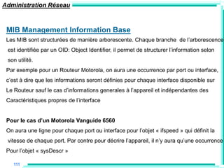 Administration Réseau



 MIB Management Information Base
 Les MIB sont structurées de manière arborescente. Chaque branche de l‟arborescence
 est identifiée par un OID: Object Identifier, il permet de structurer l‟information selon
 son utilité.
 Par exemple pour un Routeur Motorola, on aura une occurrence par port ou interface,
 c‟est à dire que les informations seront définies pour chaque interface disponible sur
 Le Routeur sauf le cas d‟informations generales à l‟appareil et indépendantes des
 Caractéristiques propres de l‟interface


 Pour le cas d‟un Motorola Vanguide 6560
 On aura une ligne pour chaque port ou interface pour l‟objet « ifspeed » qui définit la
 vitesse de chaque port. Par contre pour décrire l‟appareil, il n‟y aura qu‟une occurrence
 Pour l‟objet « sysDescr »

    111
 