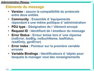 Administration Réseau
   Eléments du message
     • Version : assure la compatibilité du protocole
       entre deux entités
     • Community : Ensemble d ‟équipements
       répondant à une même politique d ‟administration
     • PDU type : Désignation de l ‟élément envoyé
     • Request ID : Identifiant de l émetteur du message
     • Error Status : Erreur émise lors d ‟une réponse
       (noError, tooBig, noSuchName, badValue,
       readOnly, genError)
     • Error index : Pointeur sur la première variable
       erronée
     • Variable Bindings : Identificateurs d ‟objets pour
       lesquels le manager veut des renseignements


   118
 