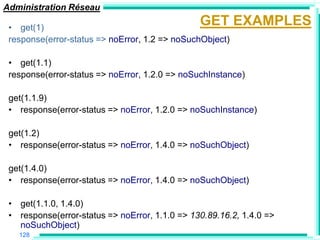 Administration Réseau

 • get(1)
                                                GET EXAMPLES
 response(error-status => noError, 1.2 => noSuchObject)

 • get(1.1)
 response(error-status => noError, 1.2.0 => noSuchInstance)

 get(1.1.9)
 • response(error-status => noError, 1.2.0 => noSuchInstance)

 get(1.2)
 • response(error-status => noError, 1.4.0 => noSuchObject)

 get(1.4.0)
 • response(error-status => noError, 1.4.0 => noSuchObject)

 • get(1.1.0, 1.4.0)
 • response(error-status => noError, 1.1.0 => 130.89.16.2, 1.4.0 =>
   noSuchObject)
   128
 