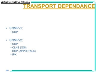 Administration Réseau
                 TRANSPORT DEPENDANCE


   • SNMPv1:
         • UDP


   • SNMPv2:
         • UDP
         • CLNS (OSI)
         • DDP (APPLETALK)
         • IPX




   141
 