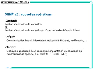 Administration Réseau



  SNMP v2 : nouvelles opérations

  -GetBulk
  Lecture d‟une série de variables
  Ou
  Lecture d‟une série de variables et d‟une série d‟entrées de tables

  -Inform
    Communication MtoM: Information, traitement distribué, notification,….

  -Report
   Opération générique pour permettre l‟implantation d‟opérations ou
    de notifications spécifiques (Idem ACTION de CMIS)




   145
 