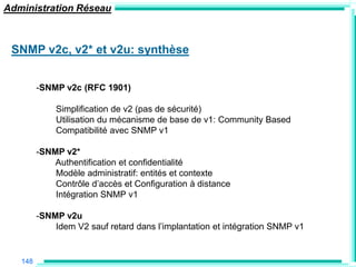 Administration Réseau



 SNMP v2c, v2* et v2u: synthèse


         -SNMP v2c (RFC 1901)

             Simplification de v2 (pas de sécurité)
             Utilisation du mécanisme de base de v1: Community Based
             Compatibilité avec SNMP v1

         -SNMP v2*
             Authentification et confidentialité
             Modèle administratif: entités et contexte
             Contrôle d‟accès et Configuration à distance
             Intégration SNMP v1

         -SNMP v2u
             Idem V2 sauf retard dans l‟implantation et intégration SNMP v1


   148
 