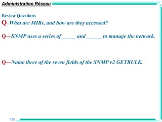 Administration Réseau

Review Questions
Q What are MIBs, and how are they accessed?
  —




Q—SNMP uses a series of _____ and ______to manage the network.



Q—Name three of the seven fields of the SNMP v2 GETBULK.




      150
 