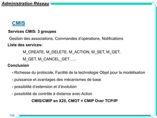Administration Réseau



    CMIS
  Services CMIS: 3 groupes
   Gestion des associations, Commandes d‟opérations, Notifications
  Liste des services:
          M_CREATE, M_DELETE, M_ACTION, M_SET, M_GET,
          M_GET, M_CANCEL_GET…..
  Conclusion
    - Richesse du protocole, Facilité de la technologie Objet pour la modélisation
    - puissance et avantages des mécanismes de base
    - possibilité d‟extension et d‟évolution
    - possibilité de contrôle à distance avec Action
                CMIS/CMIP en X25, CMOT = CMIP Over TCP/IP


   156
 