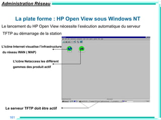 Administration Réseau


           La plate forme : HP Open View sous Windows NT
Le lancement du HP Open View nécessite l‟exécution automatique du serveur
TFTP au démarrage de la station


L‟icône Internet visualise l‟infrastructure
du réseau WAN ( MAP)

        L‟icône Netaccess les différent
        gammes des produit actif




  Le serveur TFTP doit être actif

     161
 
