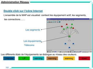 Administration Réseau


  Double click sur l‟icône Internet
  L‟ensemble de la MAP est visualisé: contient les équipement actif, les segments,
   les connections……



                       Les segments



                     Les équipements
                      Télécoms



Les différents états de l‟équipements se distingue au niveau des couleurs
   Unknow           UP           warning     warning         warning         down


    162
 