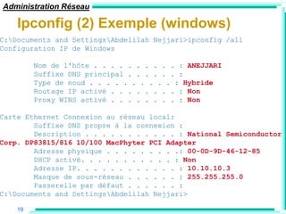 Administration Réseau

    Ipconfig (2) Exemple (windows)
C:Documents and SettingsAbdelilah Nejjari>ipconfig /all
Configuration IP de Windows

         Nom de l'hôte . . . . . . . . . . : ANEJJARI
         Suffixe DNS principal . . . . . . :
         Type de noud . . . . . . . . . . : Hybride
         Routage IP activé . . . . . . . . : Non
         Proxy WINS activé . . . . . . . . : Non

Carte Ethernet Connexion au réseau local:
        Suffixe DNS propre à la connexion :
        Description . . . . . . . . . . . : National Semiconductor
Corp. DP83815/816 10/100 MacPhyter PCI Adapter
        Adresse physique . . . . . . . . .: 00-0D-9D-46-12-85
        DHCP activé. . . . . . . . . . . : Non
        Adresse IP. . . . . . . . . . . . : 10.10.10.3
        Masque de sous-réseau . . . . . . : 255.255.255.0
        Passerelle par défaut . . . . . . :
C:Documents and SettingsAbdelilah Nejjari>

    19
 
