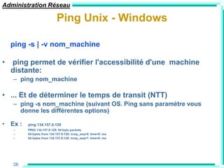 Administration Réseau

                           Ping Unix - Windows

    ping -s | -v nom_machine

•   ping permet de vérifier l'accessibilité d'une machine
    distante:
    – ping nom_machine

• ... Et de déterminer le temps de transit (NTT)
    – ping -s nom_machine (suivant OS. Ping sans paramètre vous
      donne les différentes options)

• Ex :   ping 134.157.0.129
    –    PING 134.157.0.129: 64 byte packets
    –    64 bytes from 134.157.0.129: icmp_seq=0. time=0. ms
    –    64 bytes from 134.157.0.129: icmp_seq=1. time=0. ms




    26
 