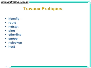 Administration Réseau

                    Travaux Pratiques

   •    ifconfig
   •    route
   •    netstat
   •    ping
   •    etherfind
   •    snoop
   •    nslookup
   •    host




   37
 