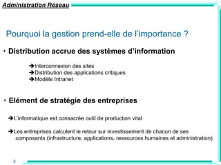 Administration Réseau



 Pourquoi la gestion prend-elle de l‟importance ?
‣ Distribution accrue des systèmes d‟information
         Interconnexion des sites
         Distribution des applications critiques
         Modèle Intranet


‣ Elément de stratégie des entreprises

 L‟informatique est consacrée outil de production vital

 Les entreprises calculent le retour sur investissement de chacun de ses
   composants (infrastructure, applications, ressources humaines et administration)



   5
 