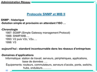 Administration Réseau



                     Protocole SNMP et MIB II
SNMP : historique
-Solution simple et provisoire en attendant l‟ISO …

-Chronologie
   1987: SGMP (Simple Gateway management Protocol)
   1988: SNMP,MIB….
   1993: V2 puis V2c, V2u….
   1998: V3

-aujourd‟hui : standard incontournable dans les réseaux d‟entreprises

-Domaines d‟applications
   Informatique: station de travail, serveurs, périphériques, applications,
                 base de données ….
    Équipements: routeurs, commutateurs, serveurs d‟accès, ponts, switchs,
                  hubs, onduleurs……….
   60
 