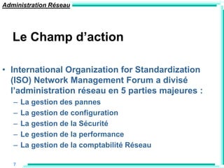 Administration Réseau




   Le Champ d‟action

• International Organization for Standardization
  (ISO) Network Management Forum a divisé
  l‟administration réseau en 5 parties majeures :
   –   La gestion des pannes
   –   La gestion de configuration
   –   La gestion de la Sécurité
   –   Le gestion de la performance
   –   La gestion de la comptabilité Réseau

   7
 
