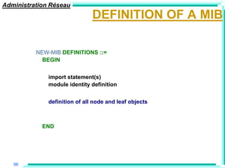 Administration Réseau
                               DEFINITION OF A MIB

          NEW-MIB DEFINITIONS ::=
            BEGIN


              import statement(s)
              module identity definition


              definition of all node and leaf objects



            END




   96
 