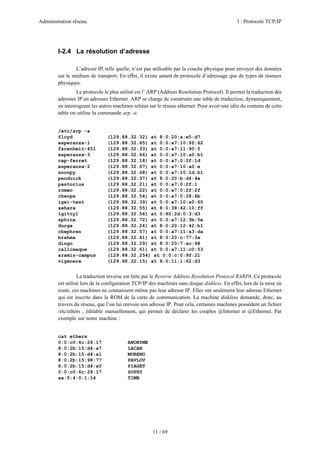 Administration réseau. I : Protocole TCP/IP
11 / 69
I-2.4 La résolution d’adresse
L’adresse IP, telle quelle, n’est pas utilisable par la couche physique pour envoyer des données
sur le médium de transport. En effet, il existe autant de protocole d’adressage que de types de réseaux
physiques.
Le protocole le plus utilisé est l’ ARP (Address Resolution Protocol). Il permet la traduction des
adresses IP en adresses Ethernet. ARP se charge de construire une table de traduction, dynamiquement,
en interrogeant les autres machines reliées sur le réseau ethernet. Pour avoir une idée du contenu de cette
table on utilise la commande arp -a.
/etc/arp -a
floyd (129.88.32.32) at 8:0:20:a:e5:d7
esperanza-1 (129.88.32.65) at 0:0:a7:10:9f:62
farenheit-451 (129.88.32.33) at 0:0:a7:11:90:5
esperanza-3 (129.88.32.66) at 0:0:a7:10:a0:b1
cap-ferret (129.88.32.18) at 0:0:a7:0:2f:1d
esperanza-2 (129.88.32.67) at 0:0:a7:10:a0:e
snoopy (129.88.32.68) at 0:0:a7:10:1d:b1
penduick (129.88.32.37) at 8:0:20:b:d4:4e
pastorius (129.88.32.21) at 0:0:a7:0:2f:1
romeo (129.88.32.22) at 0:0:a7:0:2f:2f
cheops (129.88.32.54) at 0:0:a7:0:28:6b
igei-test (129.88.32.39) at 0:0:a7:10:a0:60
sahara (129.88.32.55) at 8:0:38:42:10:ff
lgitty1 (129.88.32.56) at 0:80:2d:0:3:d3
sphinx (129.88.32.72) at 0:0:a7:12:3b:5e
durga (129.88.32.24) at 8:0:20:12:42:b1
chephren (129.88.32.57) at 0:0:a7:11:a3:da
brahma (129.88.32.41) at 8:0:20:c:77:3a
dingo (129.88.32.29) at 8:0:20:7:ac:98
callimaque (129.88.32.61) at 0:0:a7:11:c0:53
aramis-campus (129.88.32.254) at 0:0:c:0:9f:21
vigenere (129.88.32.15) at 8:0:11:1:62:d3
La traduction inverse est faite par le Reverse Address Resolution Protocol RARPA. Ce protocole
est utilisé lors de la configuration TCP/IP des machines sans disque diskless. En effet, lors de la mise en
route, ces machines ne connaissent même pas leur adresse IP. Elles ont seulement leur adresse Ethernet
qui est inscrite dans la ROM de la carte de communication. La machine diskless demande, donc, au
travers du réseau, que l’on lui renvoie son adresse IP. Pour cela, certaines machines possèdent un fichier
/etc/ethers , éditable manuellement, qui permet de déclarer les couples @Internet et @Ethernet. Par
exemple sur notre machine :
cat ethers
0:0:c0:6c:28:17 ANONYME
8:0:2b:15:d4:a7 LACAN
8:0:2b:15:d4:a1 MORENO
8:0:2b:15:98:77 PAVLOV
8:0:2b:15:d4:a0 PIAGET
0:0:c0:6c:28:17 SOPHY
aa:0:4:0:1:14 TIMB
 