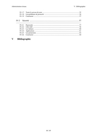 Administration réseau. V : Bibliographie
68 / 69
IV-1.7 Tester le serveur de nom .......................................................................................... 55
IV-1.8 Les problèmes de protocols ..................................................................................... 56
IV-1.9 Conclusion ............................................................................................................... 57
IV-2 Sécurité .................................................................................................... 57
—————————————————————————————————
IV-2.1 Passwords ................................................................................................................ 57
IV-2.2 UID, GID ................................................................................................................. 58
IV-2.3 Les fichiers .............................................................................................................. 60
IV-2.4 Applications ............................................................................................................. 61
IV-2.5 Les protections ......................................................................................................... 63
IV-2.6 Conclusion ............................................................................................................... 64
V Bibliographie
 