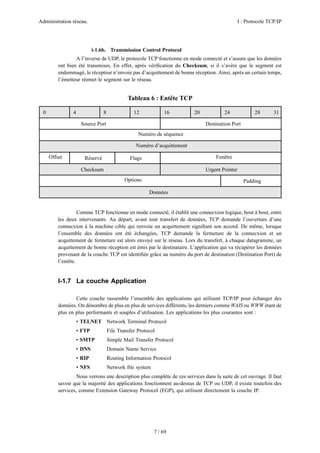 Administration réseau. I : Protocole TCP/IP
7 / 69
i-1.6b. Transmission Control Protocol
A l’inverse de UDP, le protocole TCP fonctionne en mode connecté et s’assure que les données
ont bien été transmises. En effet, après vériﬁcation du Checksum, si il s’avère que le segment est
endommagé, le récepteur n’envoie pas d’acquittement de bonne réception. Ainsi, après un certain temps,
l’émetteur réemet le segment sur le réseau.
Tableau 6 : Entête TCP
Comme TCP fonctionne en mode connecté, il établit une connecxion logique, bout à bout, entre
les deux intervenants. Au départ, avant tout transfert de données, TCP demande l’ouverture d’une
connecxion à la machine cible qui renvoie un acquittement signiﬁant son accord. De même, lorsque
l’ensemble des données ont été échangées, TCP demande la fermeture de la connecxion et un
acquittement de fermeture est alors envoyé sur le réseau. Lors du transfert, à chaque datagramme, un
acquittement de bonne réception est émis par le destinataire. L’application qui va récupérer les données
provenant de la couche TCP est identiﬁée grâce au numéro du port de destination (Destination Port) de
l’entête.
I-1.7 La couche Application
Cette couche rassemble l’ensemble des applications qui utilisent TCP/IP pour échanger des
données. On dénombre de plus en plus de services différents, les derniers comme WAIS ou WWW étant de
plus en plus performants et souples d’utilisation. Les applications les plus courantes sont :
• TELNET Network Terminal Protocol
• FTP File Transfer Protocol
• SMTP Simple Mail Transfer Protocol
• DNS Domain Name Service
• RIP Routing Information Protocol
• NFS Network ﬁle system
Nous verrons une description plus complète de ces services dans la suite de cet ouvrage. Il faut
savoir que la majorité des applications fonctionnent au-dessus de TCP ou UDP, il existe toutefois des
services, comme Extension Gateway Protocol (EGP), qui utilisent directement la couche IP.
0 4 8 12 16 20 24 28 31
Source Port Destination Port
Numéro de séquence
Numéro d’acquittement
Offset Réservé Flags Fenêtre
Checksum Urgent Pointer
Options Padding
Données
 