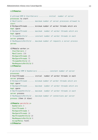 Administration réseau sous Linux/Apache 13
</IfModule>
# pthread MPM # StartServers ......... initial number of server
processes to start
# MaxClients ........... maximum number of server processes allowed to
start
# MinSpareThreads ...... minimum number of worker threads which are
kept spare
# MaxSpareThreads ...... maximum number of worker threads which are
kept spare
# ThreadsPerChild ...... constant number of worker threads in each
server process
# MaxRequestsPerChild .. maximum number of requests a server process
serves
<IfModule worker.c>
StartServers 2
MaxClients 150
MinSpareThreads 25
MaxSpareThreads 75
ThreadsPerChild 25
MaxRequestsPerChild 0
</IfModule>
# perchild MPM # NumServers ........... constant number of server
processes
# StartThreads ......... initial number of worker threads in each
server process
# MinSpareThreads ...... minimum number of worker threads which are
kept spare
# MaxSpareThreads ...... maximum number of worker threads which are
kept spare
# MaxThreadsPerChild ... maximum number of worker threads in each
server process
# MaxRequestsPerChild .. maximum number of connections per server
process (then it dies)
<IfModule perchild.c>
NumServers 5
StartThreads 5
MinSpareThreads 5
MaxSpareThreads 10
MaxThreadsPerChild 20
MaxRequestsPerChild 0
AcceptMutex fcntl
</IfModule>
 