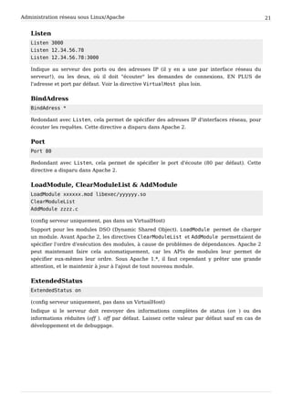 Administration réseau sous Linux/Apache 21
Listen
Listen 3000
Listen 12.34.56.78
Listen 12.34.56.78:3000
Indique au serveur des ports ou des adresses IP (il y en a une par interface réseau du
serveur!), ou les deux, où il doit "écouter" les demandes de connexions, EN PLUS de
l'adresse et port par défaut. Voir la directive VirtualHost plus loin.
BindAdress
BindAdress *
Redondant avec Listen, cela permet de spécifier des adresses IP d'interfaces réseau, pour
écouter les requêtes. Cette directive a disparu dans Apache 2.
Port
Port 80
Redondant avec Listen, cela permet de spécifier le port d'écoute (80 par défaut). Cette
directive a disparu dans Apache 2.
LoadModule, ClearModuleList & AddModule
LoadModule xxxxxx.mod libexec/yyyyyy.so
ClearModuleList
AddModule zzzz.c
(config serveur uniquement, pas dans un VirtualHost)
Support pour les modules DSO (Dynamic Shared Object). LoadModule permet de charger
un module. Avant Apache 2, les directives ClearModuleList et AddModule permettaient de
spécifier l'ordre d'exécution des modules, à cause de problèmes de dépendances. Apache 2
peut maintenant faire cela automatiquement, car les APIs de modules leur permet de
spécifier eux-mêmes leur ordre. Sous Apache 1.*, il faut cependant y prêter une grande
attention, et le maintenir à jour à l'ajout de tout nouveau module.
ExtendedStatus
ExtendedStatus on
(config serveur uniquement, pas dans un VirtualHost)
Indique si le serveur doit renvoyer des informations complètes de status (on ) ou des
informations réduites (off ). off par défaut. Laissez cette valeur par défaut sauf en cas de
développement et de debuggage.
 