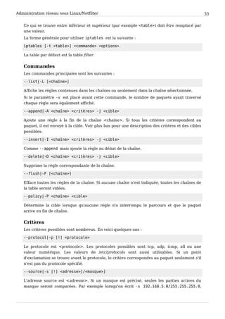 Administration réseau sous Linux/Netfilter 33
Ce qui se trouve entre inférieur et supérieur (par exemple <table>) doit être remplacé par
une valeur.
La forme générale pour utiliser iptables est la suivante :
iptables [-t <table>] <commande> <options>
La table par défaut est la table filter.
Commandes
Les commandes principales sont les suivantes :
--list|-L [<chaîne>]
Affiche les règles contenues dans les chaînes ou seulement dans la chaîne sélectionnée.
Si le paramètre -v est placé avant cette commande, le nombre de paquets ayant traversé
chaque règle sera également affiché.
--append|-A <chaîne> <critères> -j <cible>
Ajoute une règle à la fin de la chaîne <chaine>. Si tous les critères correspondent au
paquet, il est envoyé à la cible. Voir plus bas pour une description des critères et des cibles
possibles.
--insert|-I <chaîne> <critères> -j <cible>
Comme --append mais ajoute la règle au début de la chaîne.
--delete|-D <chaîne> <critères> -j <cible>
Supprime la règle correspondante de la chaîne.
--flush|-F [<chaîne>]
Efface toutes les règles de la chaîne. Si aucune chaîne n'est indiquée, toutes les chaînes de
la table seront vidées.
--policy|-P <chaîne> <cible>
Détermine la cible lorsque qu'aucune règle n'a interrompu le parcours et que le paquet
arrive en fin de chaîne.
Critères
Les critères possibles sont nombreux. En voici quelques uns :
--protocol|-p [!] <protocole>
Le protocole est <protocole>. Les protocoles possibles sont tcp, udp, icmp, all ou une
valeur numérique. Les valeurs de /etc/protocols sont aussi utilisables. Si un point
d'exclamation se trouve avant le protocole, le critère correspondra au paquet seulement s'il
n'est pas du protocole spécifié.
--source|-s [!] <adresse>[/<masque>]
L'adresse source est <adresse>. Si un masque est précisé, seules les parties actives du
masque seront comparées. Par exemple lorsqu'on écrit -s 192.168.5.0/255.255.255.0,
 