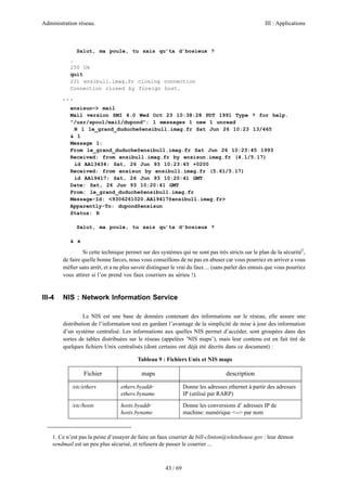 Administration réseau.                                                                             III : Applications



              Salut, ma poule, tu sais qu’ta d’bosieux ?
           .
           250 Ok
           quit
           221 ensibull.imag.fr closing connection
           Connection closed by foreign host.
        ...
           ensisun~> mail
           Mail version SMI 4.0 Wed Oct 23 10:38:28 PDT 1991 Type ? for help.
           "/usr/spool/mail/dupond": 1 messages 1 new 1 unread
            N 1 le_grand_duduche@ensibull.imag.fr Sat Jun 26 10:23 13/465
           & 1
           Message 1:
           From le_grand_duduche@ensibull.imag.fr Sat Jun 26 10:23:45 1993
           Received: from ensibull.imag.fr by ensisun.imag.fr (4.1/5.17)
            id AA13434; Sat, 26 Jun 93 10:23:45 +0200
           Received: from ensisun by ensibull.imag.fr (5.61/5.17)
            id AA19417; Sat, 26 Jun 93 10:20:41 GMT
           Date: Sat, 26 Jun 93 10:20:41 GMT
           From: le_grand_duduche@ensibull.imag.fr
           Message-Id: <9306261020.AA19417@ensibull.imag.fr>
           Apparently-To: dupond@ensisun
           Status: R

              Salut, ma poule, tu sais qu’ta d’bosieux ?

           & x

                 Si cette technique permet sur des systèmes qui ne sont pas très stricts sur le plan de la sécurité1,
        de faire quelle bonne farces, nous vous conseillons de ne pas en abuser car vous pourriez en arriver a vous
        méﬁer sans arrêt, et a ne plus savoir distinguer le vrai du faux ... (sans parler des ennuis que vous pourriez
        vous attirer si l’on prend vos faux courriers au sérieu !).


III-4   NIS : Network Information Service

                 Le NIS est une base de données contenant des informations sur le réseau, elle assure une
        distribution de l’information tout en gardant l’avantage de la simplicité de mise à jour des information
        d’un système centralisé. Les informations aux quelles NIS permet d’accéder, sont groupées dans des
        sortes de tables distribuées sur le réseau (appelées ’NIS maps’), mais leur contenu est en fait tiré de
        quelques ﬁchiers Unix centralisés (dont certains ont déjà été décrits dans ce document) :

                                         Tableau 9 : Fichiers Unix et NIS maps

                 Fichier                   maps                                   description

            /etc/ethers           ethers.byaddr                 Donne les adresses ethernet à partir des adresses
                                  ethers.byname                 IP (utilisé par RARP)

            /etc/hosts            hosts.byaddr                  Donne les conversions d’ adresses IP de
                                  hosts.byname                  machine: numérique <--> par nom



    1. Ce n’est pas la peine d’essayer de faire un faux courrier de bill-clinton@whitehouse.gov : leur démon
    sendmail est un peu plus sécurisé, et refusera de passer le courrier ...



                                                      43 / 69
 