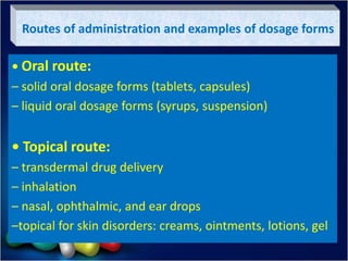Routes of administration and examples of dosage forms
• Oral route:
– solid oral dosage forms (tablets, capsules)
– liquid oral dosage forms (syrups, suspension)
• Topical route:
– transdermal drug delivery
– inhalation
– nasal, ophthalmic, and ear drops
–topical for skin disorders: creams, ointments, lotions, gel
 
