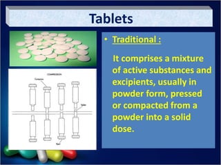 Tablets
• Traditional :
It comprises a mixture
of active substances and
excipients, usually in
powder form, pressed
or compacted from a
powder into a solid
dose.
 