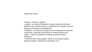 Logiciels de réseaux
• Réseau : matériels + logiciels.
• Logiciel : on a besoin d’implanter un grand nombre de fonctions
(détection et correction d’erreurs, contrôle de flux, routage, etc.) pour
pouvoir communiquer convenablement.
• Problème : les fonctions à implanter sont nombreuses et complexes.
• Quoi faire?: regrouper les fonctions en modules (diviser pour
régner) réduire un problème complexe en plusieurs petits
problèmes.
• Comment faire le découpage?: utiliser les techniques de génie
logiciel (couplage, modularité, encapsulation, etc.).
 