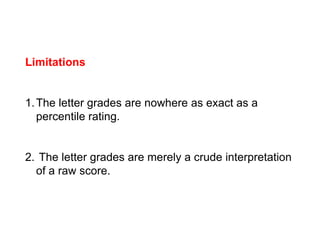 Limitations
1.The letter grades are nowhere as exact as a
percentile rating.
2. The letter grades are merely a crude interpretation
of a raw score.
 