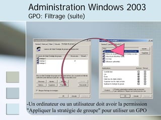 Administration Windows 2003
GPO: Filtrage (suite)
-Un ordinateur ou un utilisateur doit avoir la permission
"Appliquer la stratégie de groupe" pour utiliser un GPO
 