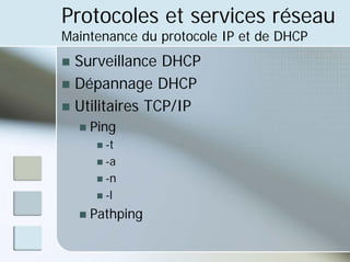 Protocoles et services réseau
Maintenance du protocole IP et de DHCP
„ Surveillance DHCP
„ Dépannage DHCP
„ Utilitaires TCP/IP
„ Ping
„ -t
„ -a
„ -n
„ -l
„ Pathping
 