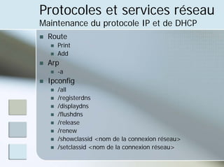 Protocoles et services réseau
Maintenance du protocole IP et de DHCP
„ Route
„ Print
„ Add
„ Arp
„ -a
„ Ipconfig
„ /all
„ /registerdns
„ /displaydns
„ /flushdns
„ /release
„ /renew
„ /showclassid <nom de la connexion réseau>
„ /setclassid <nom de la connexion réseau>
 